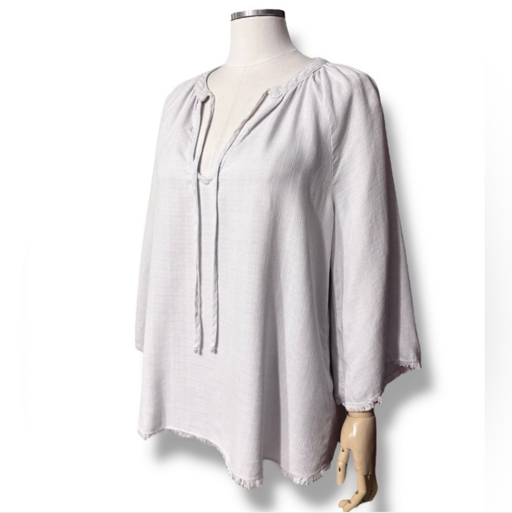 BELLA DAHL Iced Lilac Flowy Tie Neck Pullover Top Raw Edge Frayed Cuffs & Hem